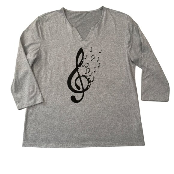 Boutique Tops - Music Treble Clef Top Size XL Gray Three Quarter Sleeve Stretch Knit